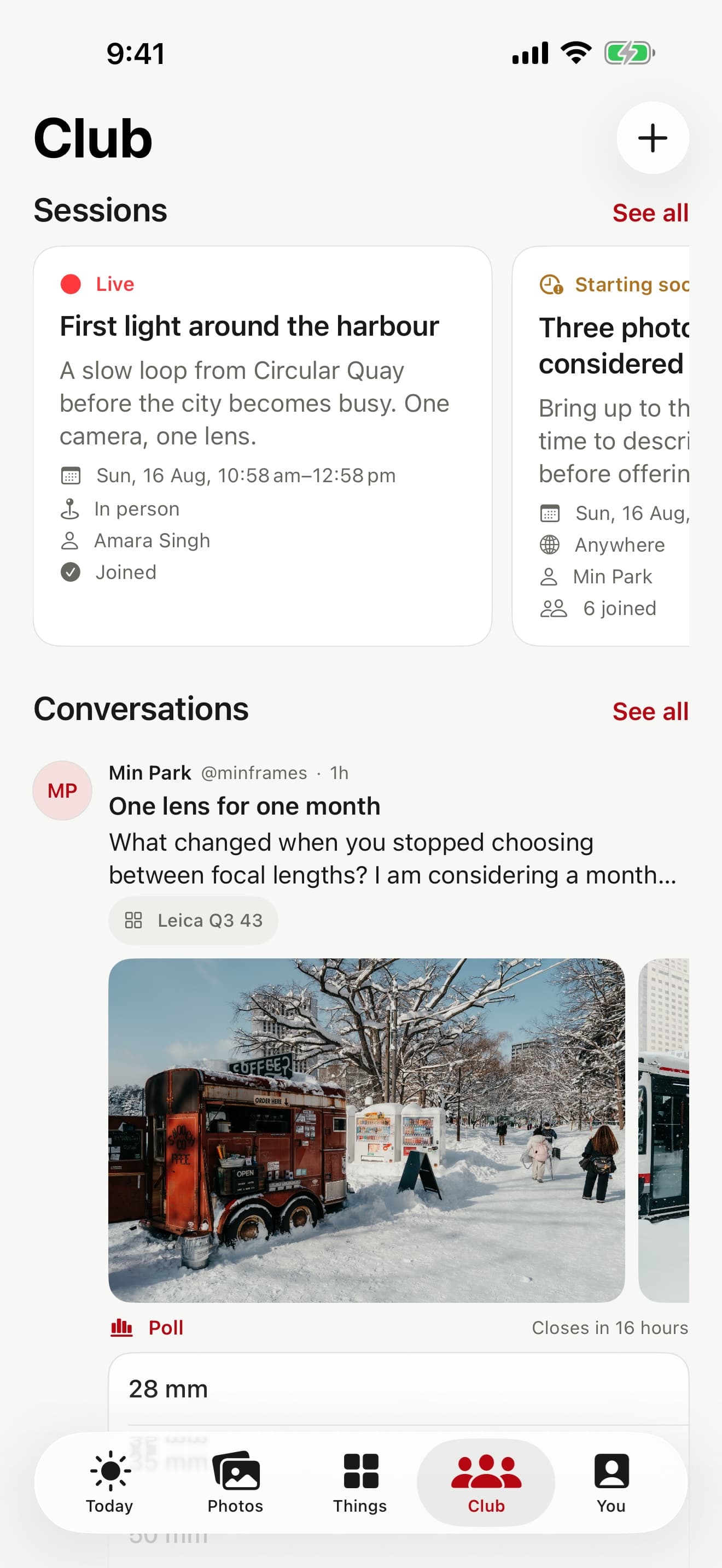 otherthing Club screen with a live Session, a starting-soon Session and a Conversation with a poll