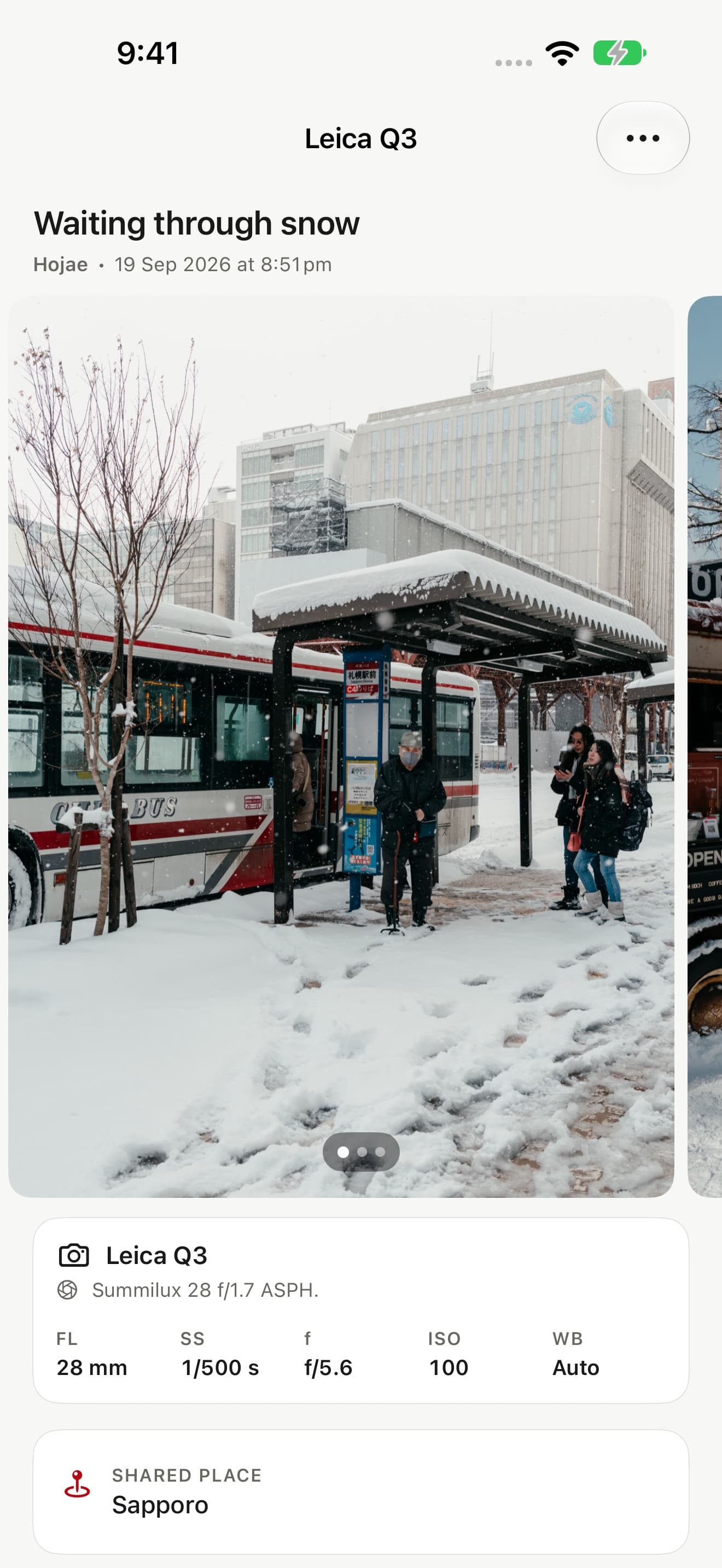 otherthing photo detail screen with a snow photograph, the Leica Q3 capture card and a shared place