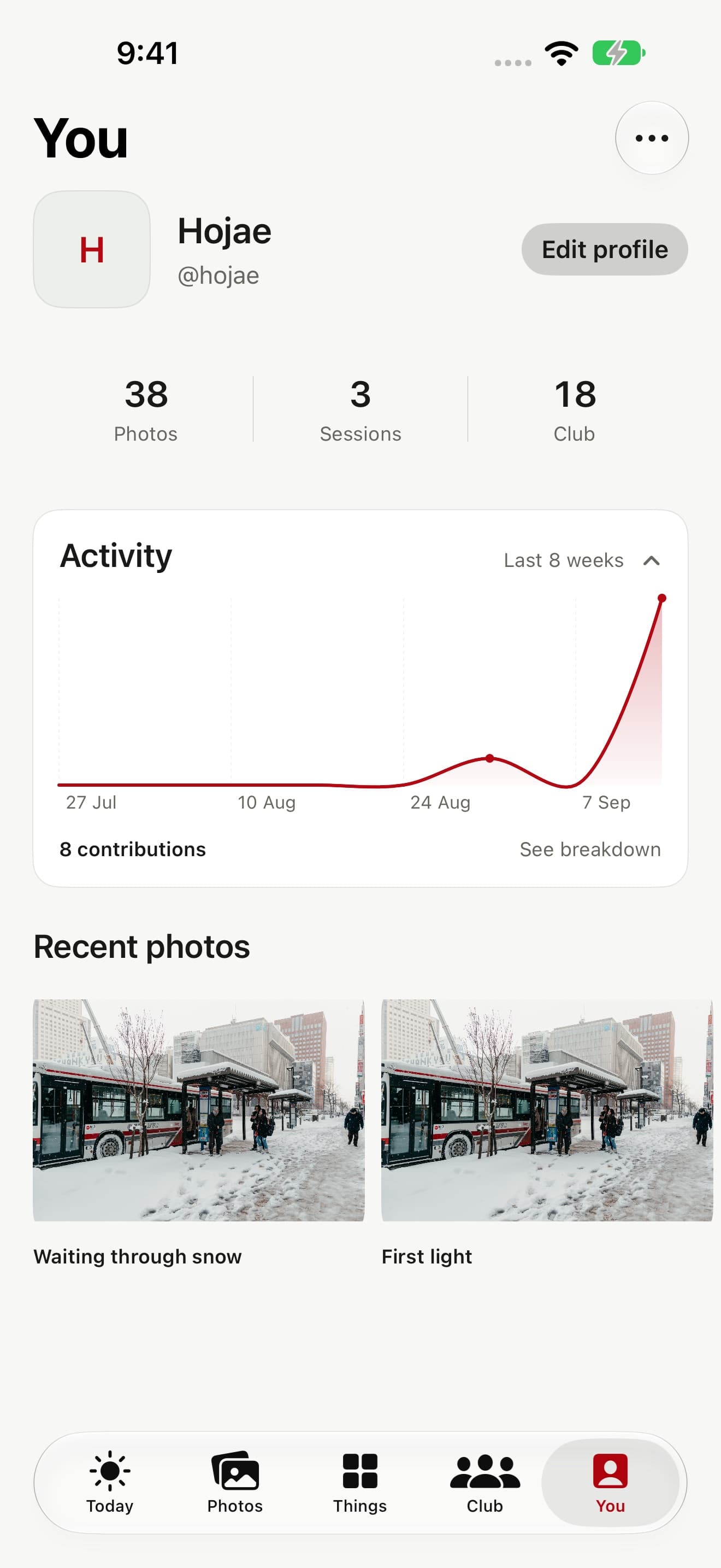 otherthing You screen with profile figures, an eight-week activity chart and recent photos